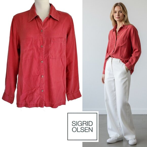 Sigrid Olsen Shacket Red Button Down 100% Tencel Lyocell Long Sleeve Shirt M - Picture 1 of 15